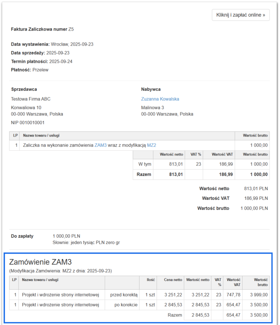 Przykład faktury zaliczkowej wystawionej do zamówienia ze zmodyfikowaną wartości uwzględniająca w sekcji zamówienie informacje przed i po korekcie.
