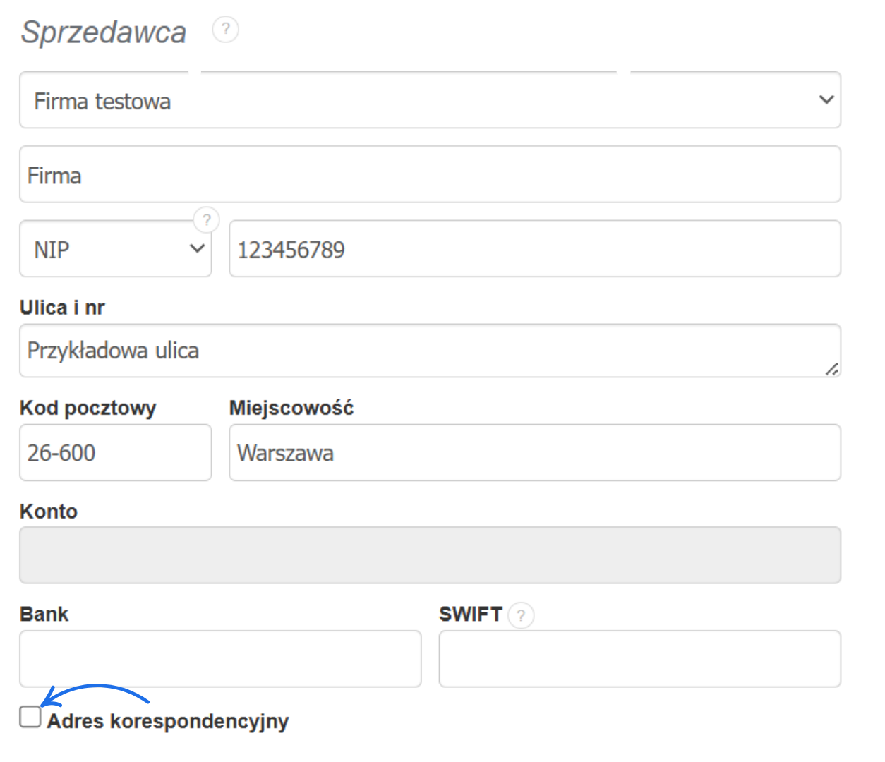 Formularz edycji danych sprzedawcy z odznaczonym checkboxem dodania adresu korespondencyjnego do faktury.