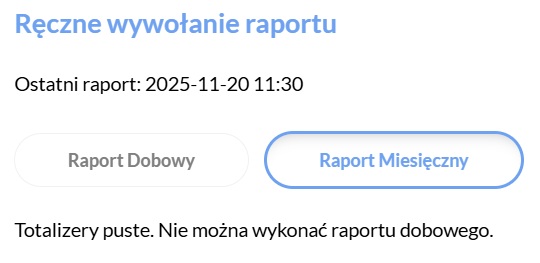 Aplikacja Paragony.pl z nieaktywną opcją raport dobowy ze względu na brak zafiskalizowanej sprzedaży w konkretnym dniu.