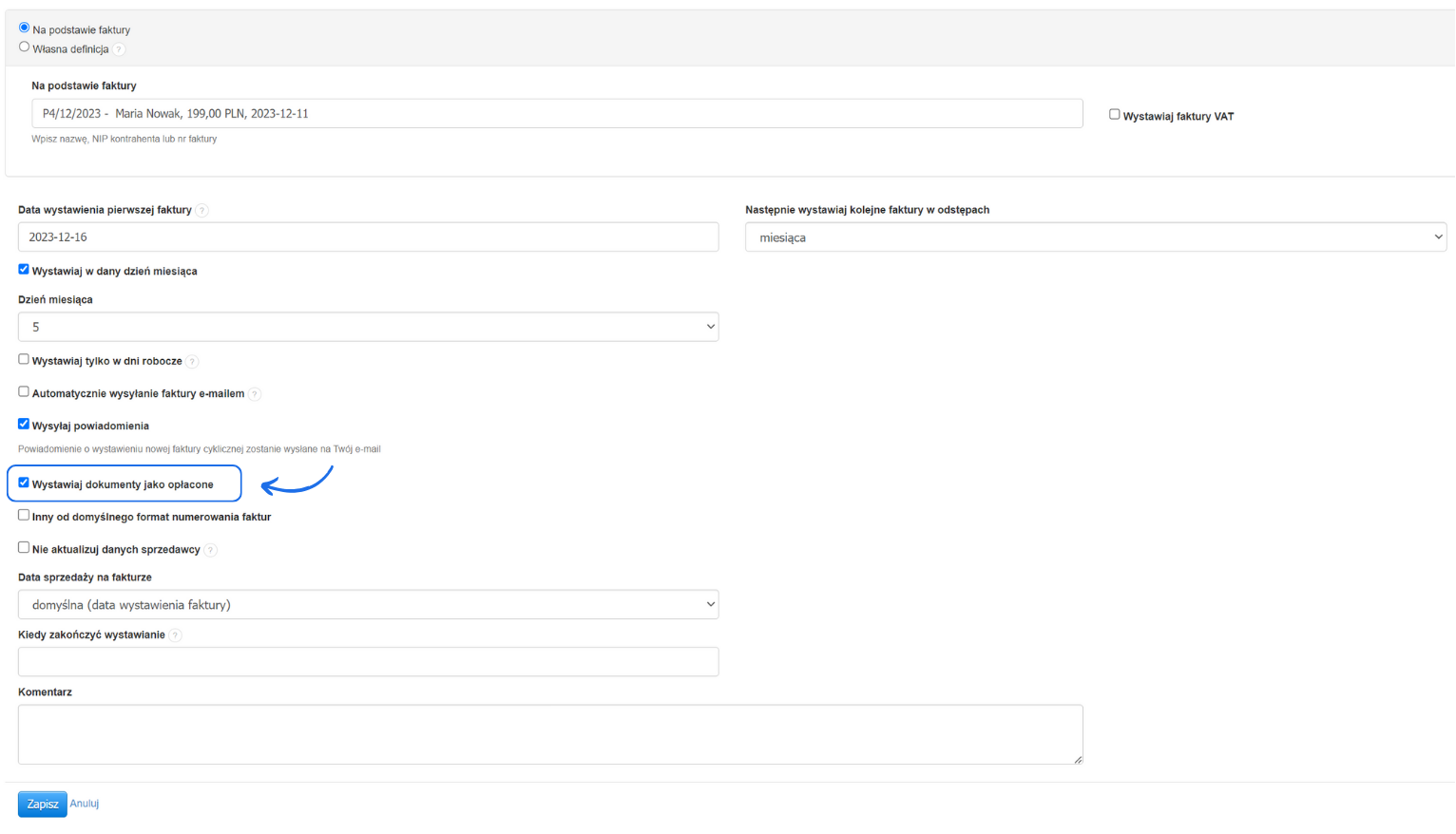 Formularz ustawień dostępny podczas tworzenia faktury cyklicznej z aktywną opcją tworzenia dokumentów z oznaczeniem opłacona.
