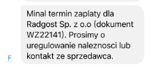 Powiadomienie SMS od Fakturo wni informujące o przekroczeniu terminu płatności faktury dla Radgost Sp. z o.o. (dokument WZ22141), z prośbą o uregulowanie należności lub kontakt ze sprzedawcą.