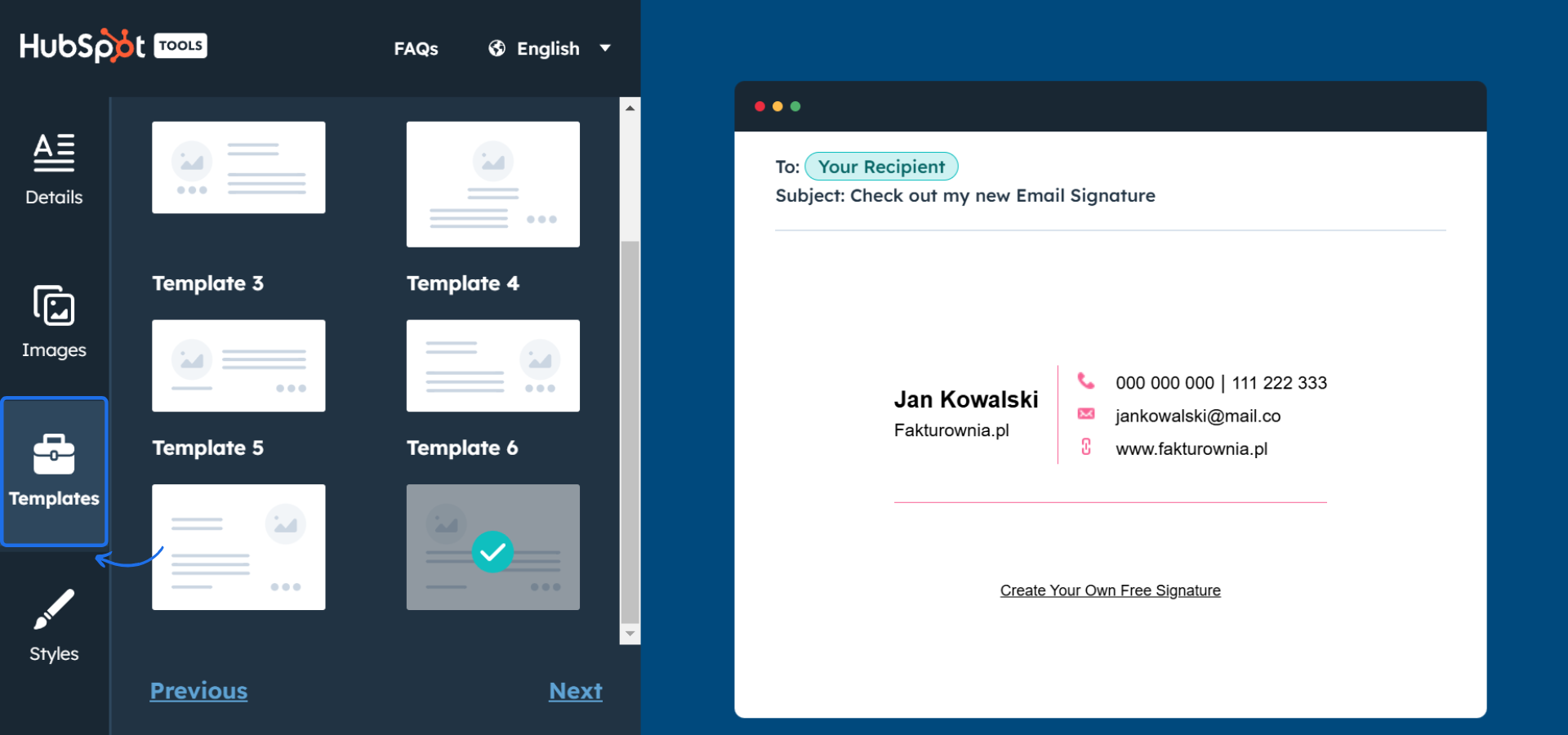 HubSpot Email Signature Generator – wybór szablonu stopki e-mail dla spersonalizowanego podpisu biznesowego.