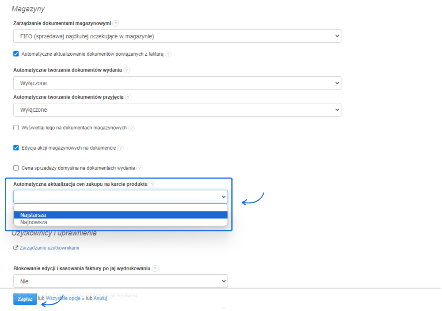 Ekran ustawień magazynowych w systemie Fakturowni z opcją automatycznej aktualizacji cen zakupu na karcie produktu ustawioną na najstarszą lub najnowszą.
