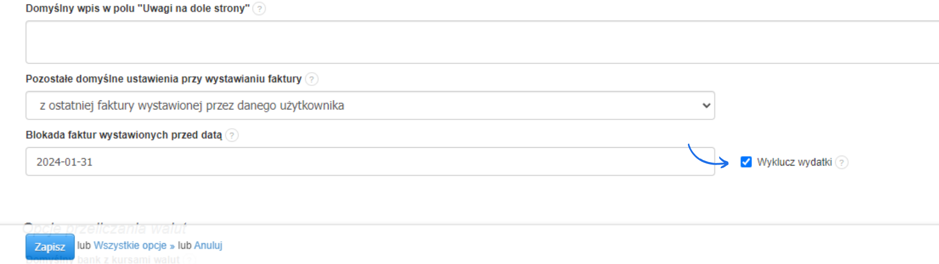 Ustawienie blokady faktur wystawionych przed 31 stycznia 2024 z zaznaczoną opcją „Wyklucz wydatki” w systemie Fakturownia.