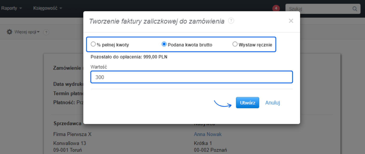 Formularz tworzenia faktury zaliczkowej dla zamówienia na kwotę 300 PLN z opisem 'Zaliczka na wykonanie zamówienia ZAM9'.