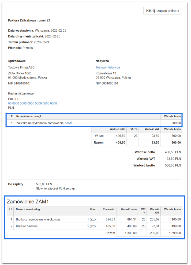 Faktura zaliczkowa powiązana z zamówieniem ZAM1, przedstawiająca szczegóły płatności zaliczki w wysokości 500,00 PLN oraz szczegóły zamówienia.
