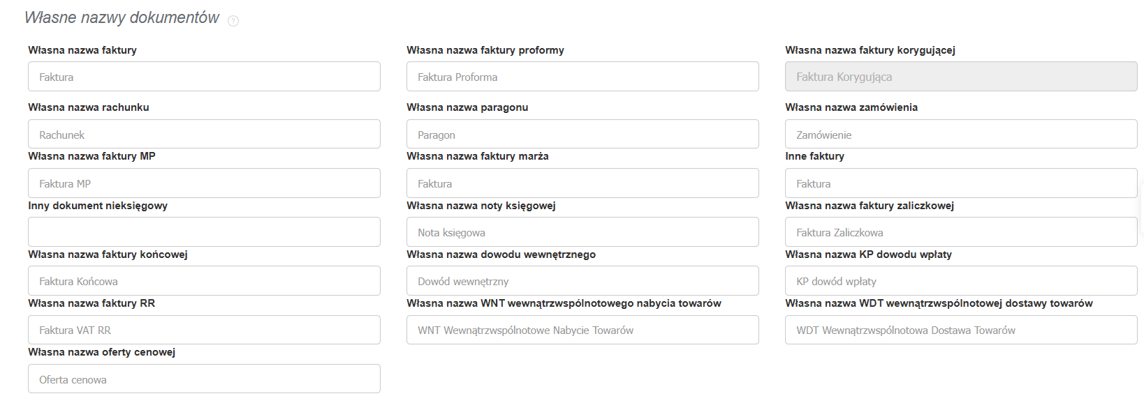 Sekcja ustawień konta w Fakturownia.pl umożliwiająca nadanie własnej nazwy dokumentom z wyjątkiem faktury korygującej.