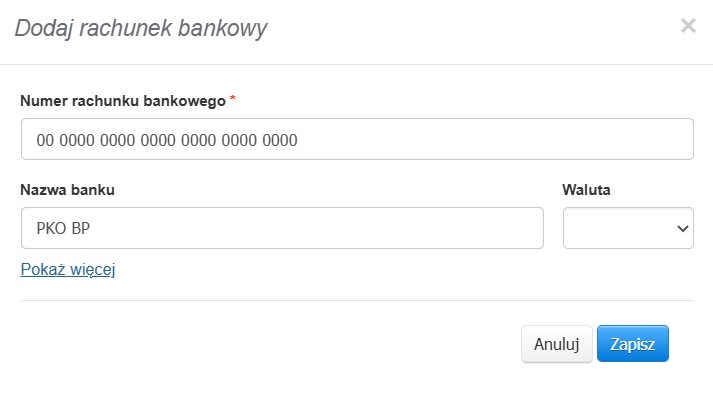 Formularz tworzenia rachunku bankowego w systemie Fakturownia z podstawowymi informacjami odnośnie rachunku jak nazwa konta, nazwa banku i numer rachunku.