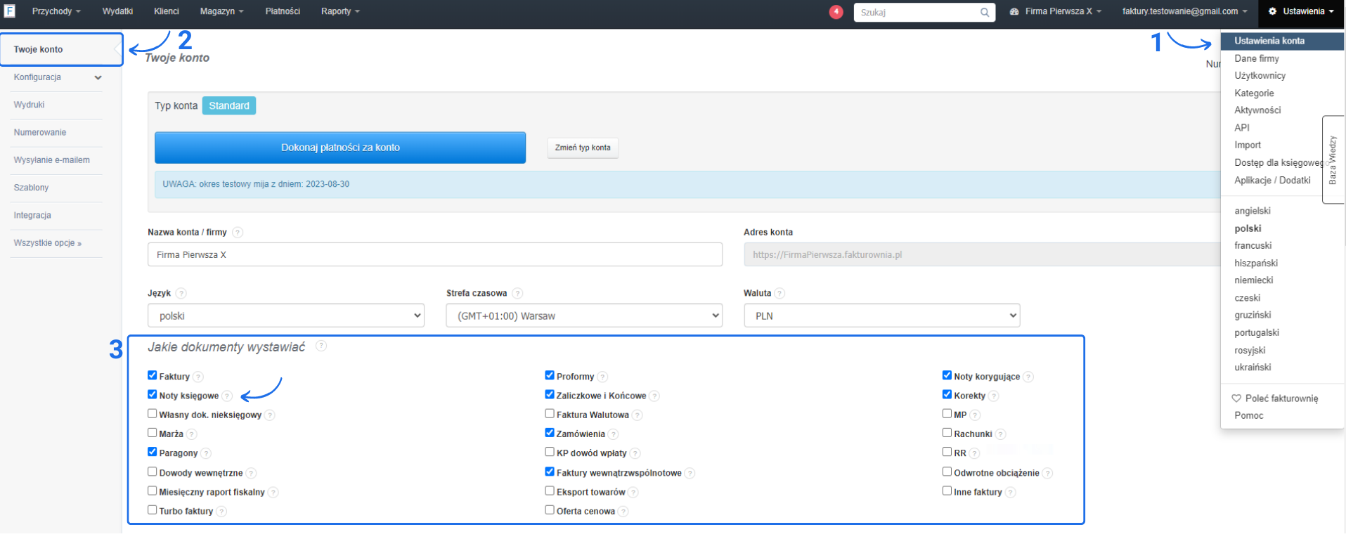 Ekran ustawień konta w aplikacji Fakturownia z włączoną opcją wystawiania not księgowych, faktur, paragonów i innych dokumentów.