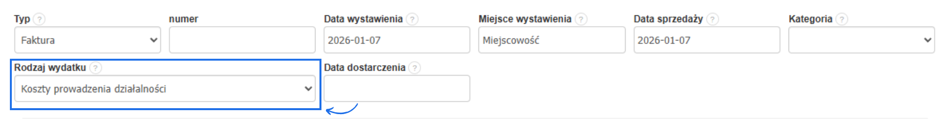 Formularz tworzenia faktury kosztowej w systemie Fakturownia z możliwością określenia rodzaju wydatku w polu 'Rodzaj wydatku'.