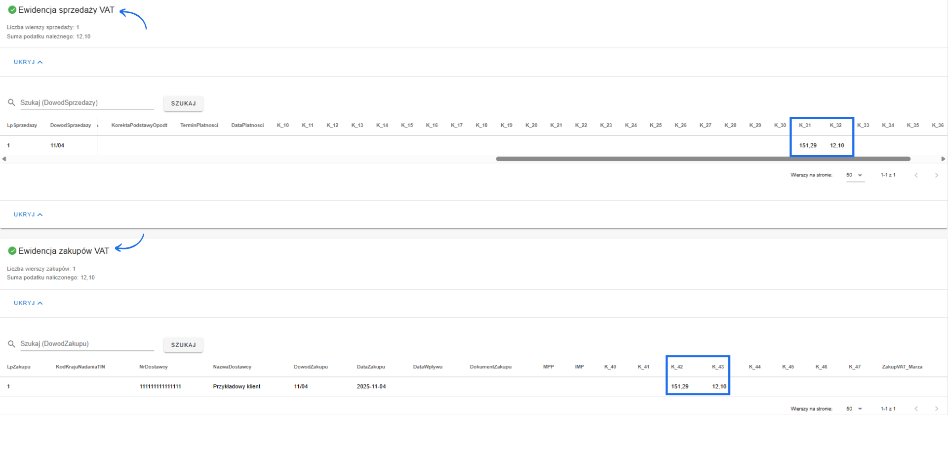 Ewidencja VAT sprzedaży i zakupów z wartością netto 151,29 i podatkiem VAT 12,10 ujętym w odpowiednich kolumnach