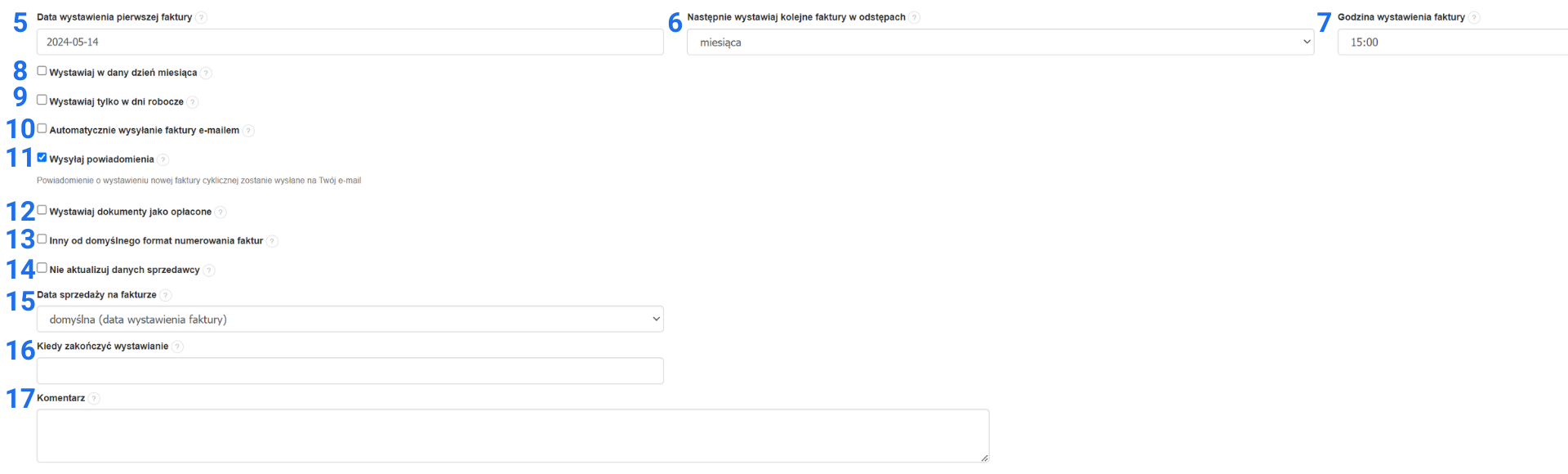 Ustawienia faktur cyklicznych, w tym data pierwszej faktury, wysyłka e-mailowa, i opcje terminu płatności.