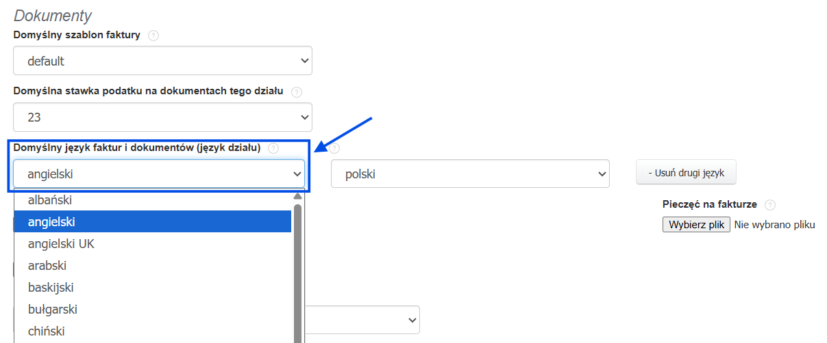 Sekcja dokumenty w ustawieniach działu z opcją wyboru domyślnego języka dla faktur i dokumentów.