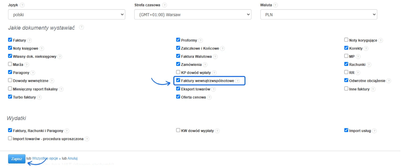 Ustawienia konta w aplikacji do fakturowania z aktywacją dokumentów: faktury wewnątrzwspólnotowe, eksport towarów, oferty cenowe i odwrócone obciążenie.