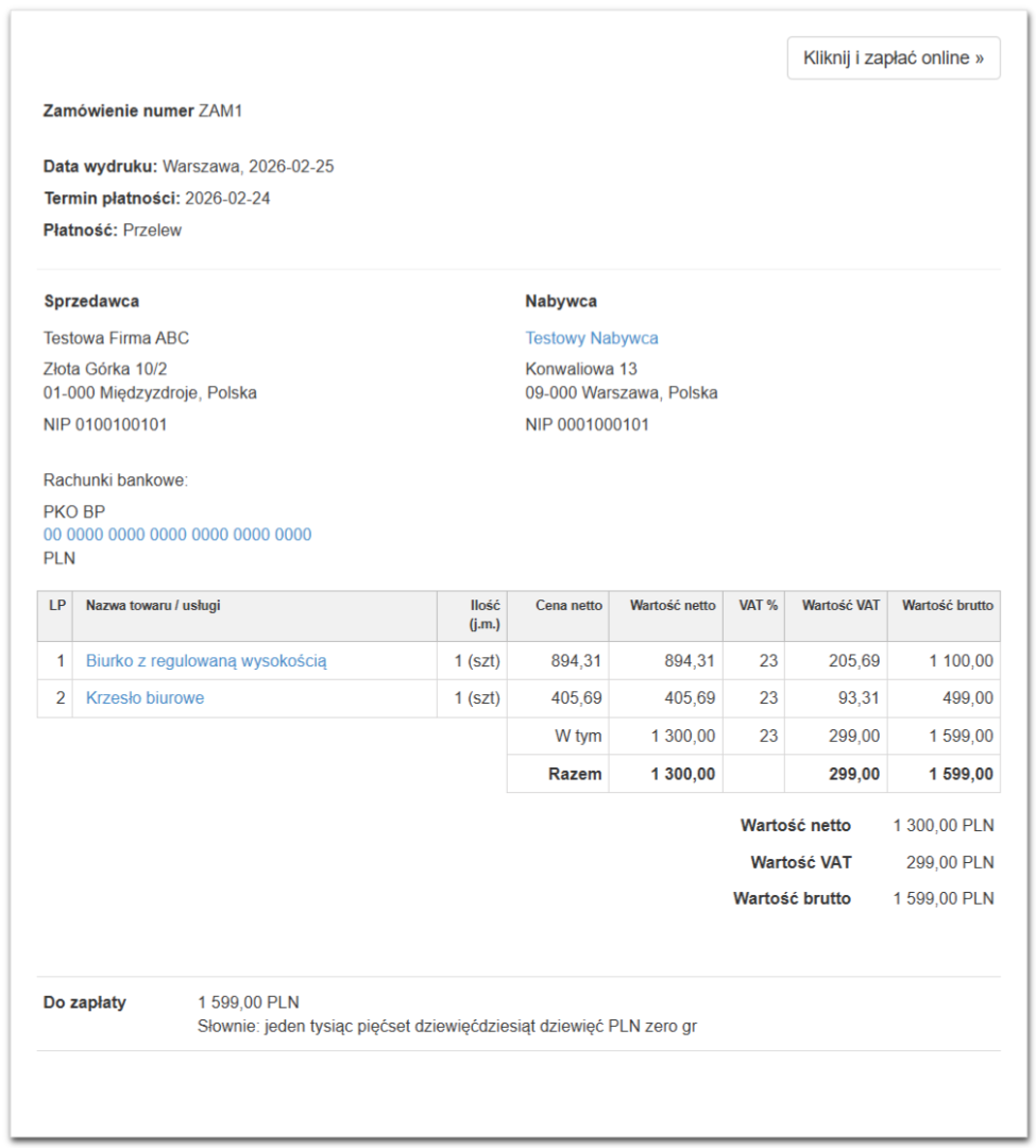 Podgląd zamówienia ZAM1 w systemie fakturowania, zawierający szczegóły zamówionych towarów, ceny netto i brutto, VAT oraz dane sprzedawcy i nabywcy.