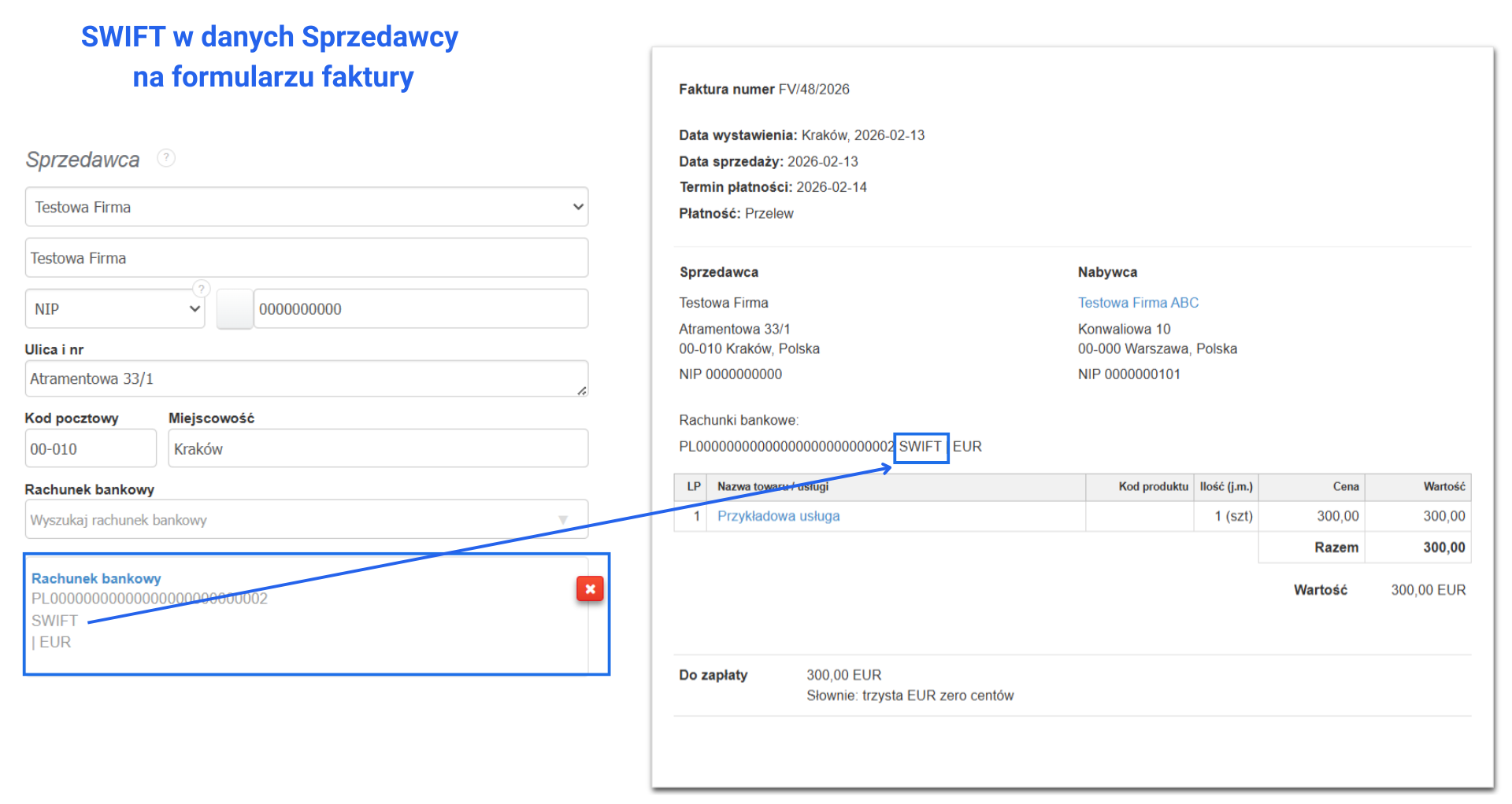 Przykład formularz tworzenia faktury i gotowego dokumentu z widocznym oznaczeniem SWIFT.