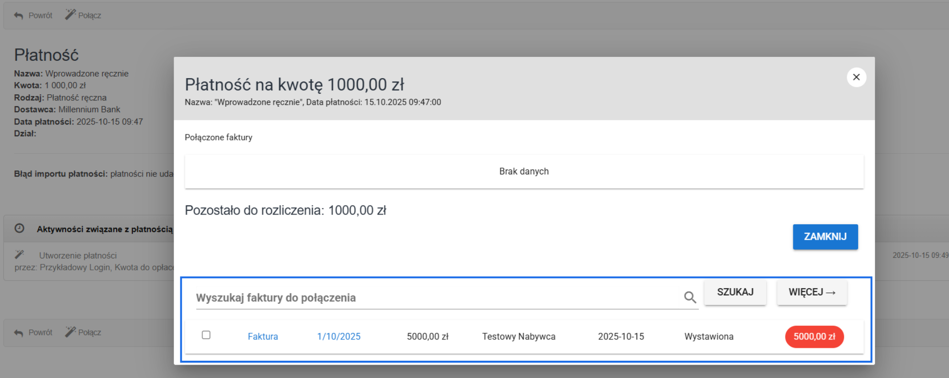 Okno systemowe pozwalające na połączenie płatności z fakturą - lista nieopłaconych faktur możliwych do powiązania z dodaną płatnością.