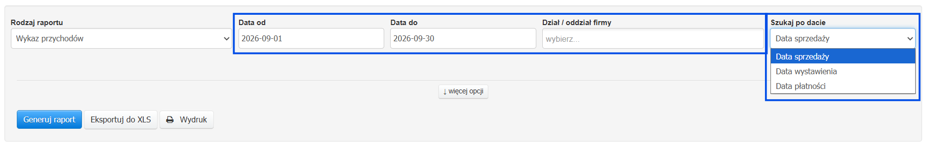 Konfiguracja podstawowych filtrów raportu wykaz przychodów z zakresem dat i datą kluczową faktur.