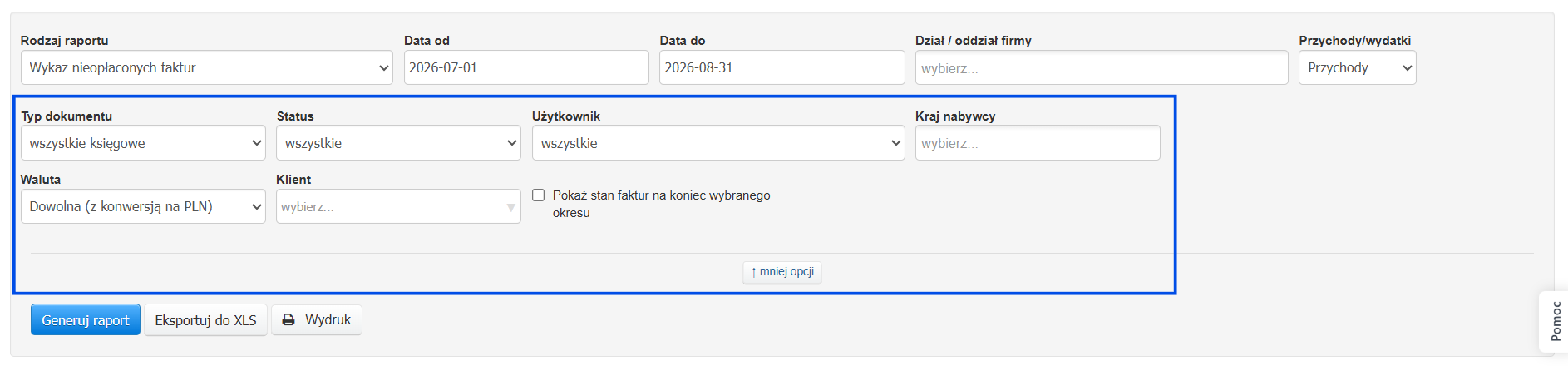 Szczegółowe filtry raportu wykaz nieopłaconych faktur z opcją wyszukiwania po kliencie, kategorii, statusie lub użytkowniku.
