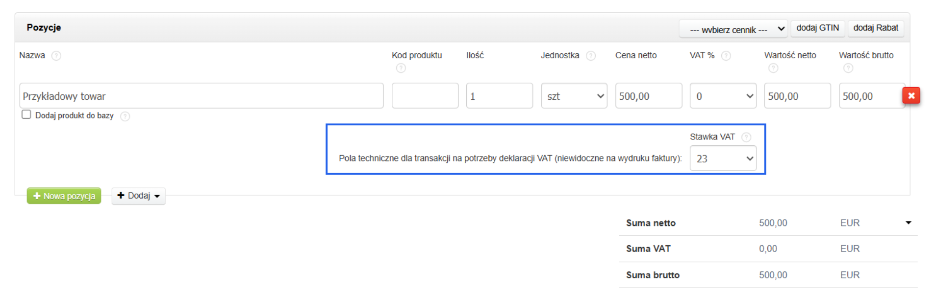 Sekcja pozycje w formularzu tworzenia faktury z polem technicznym do wskazania stawki VAT na potrzeby deklaracji.