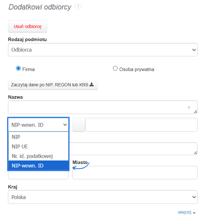 Formularz danych odbiorcy z dostępną opcją oznaczenia numeru identyfikacyjnego jako NIP-wewn.ID.
