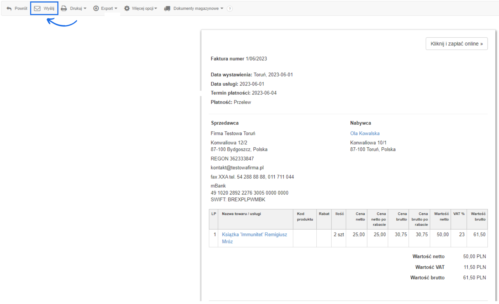 Podgląd faktury z opcją wysyłki w systemie Fakturownia; zawiera dane sprzedawcy i nabywcy, szczegóły płatności oraz podsumowanie zamówienia.