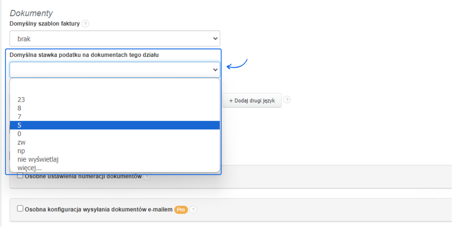 Ustawienia dokumentów z wyborem domyślnej stawki podatku na dokumentach działu, opcje stawki od 0% do 23%, zw, np.