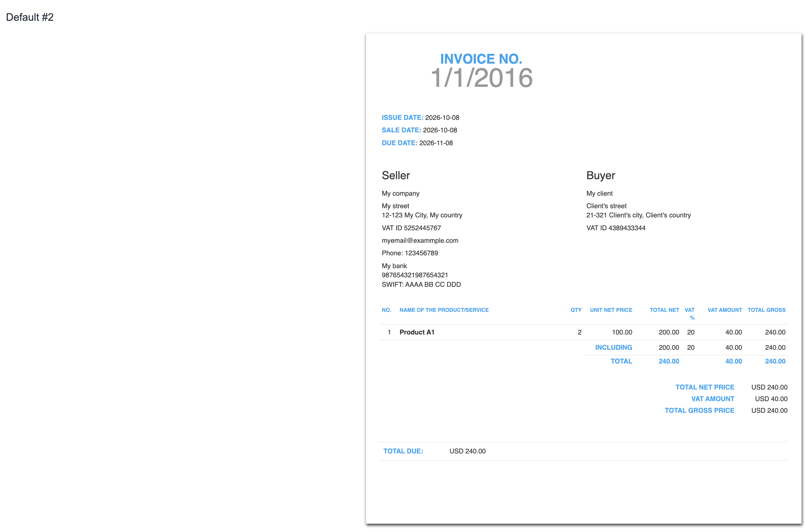 Preview of the custom invoice template after saving the changes