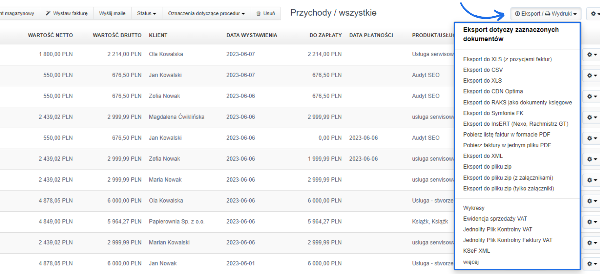 Lista faktur z menu eksportu dokumentów, umożliwiająca eksport do różnych formatów, takich jak XLS, CSV, PDF, oraz dodatkowe opcje wydruku.