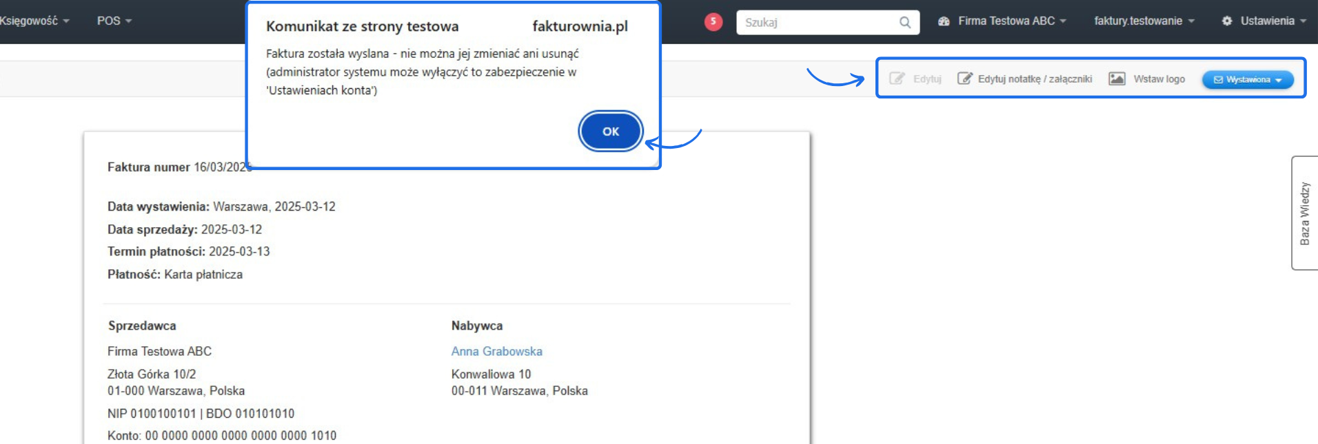 Komunikat w systemie fakturowym informujący o blokadzie edycji i usunięcia faktury po jej wysłaniu, z zaznaczonym przyciskiem OK.