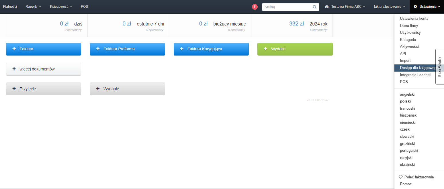 Panel nawigacyjny z opcjami tworzenia dokumentów, w tym faktur, wydatków oraz dostępem do ustawień konta i opcji dostępu dla księgowego.