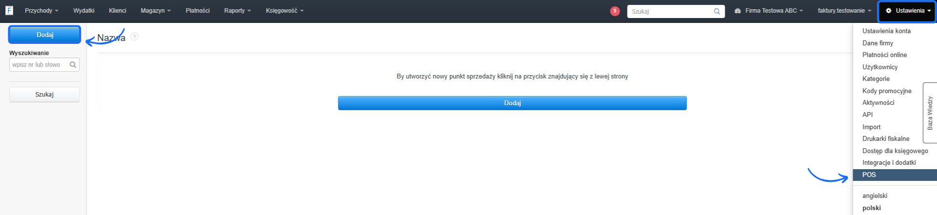Panel konfiguracji POS w systemie fakturowania. Zaznaczona opcja dodawania nowego punktu sprzedaży i sekcja ustawień POS.