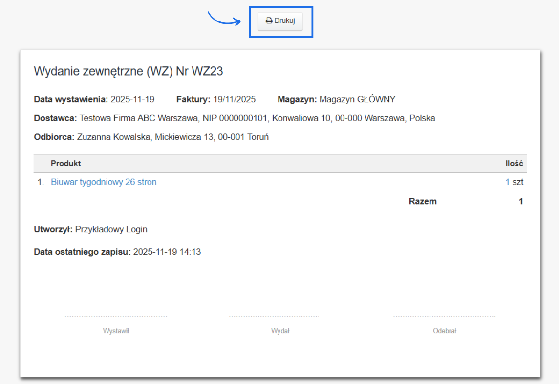 Masowy wydruk dokumentów magazynowych bez cen z dostępnym wyłącznie przyciskiem drukuj, który wywołuje wydruk na urządzeniu.