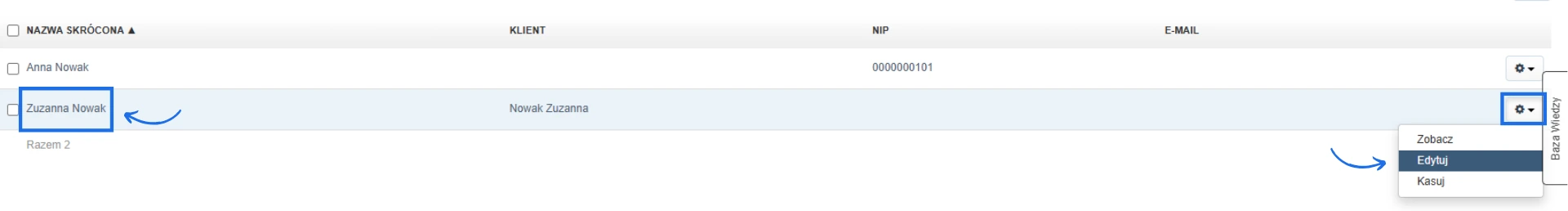 Lista klientów w systemie do fakturownia z możliwością przejścia do podglądu karty klienta lub edycji danych klienta.