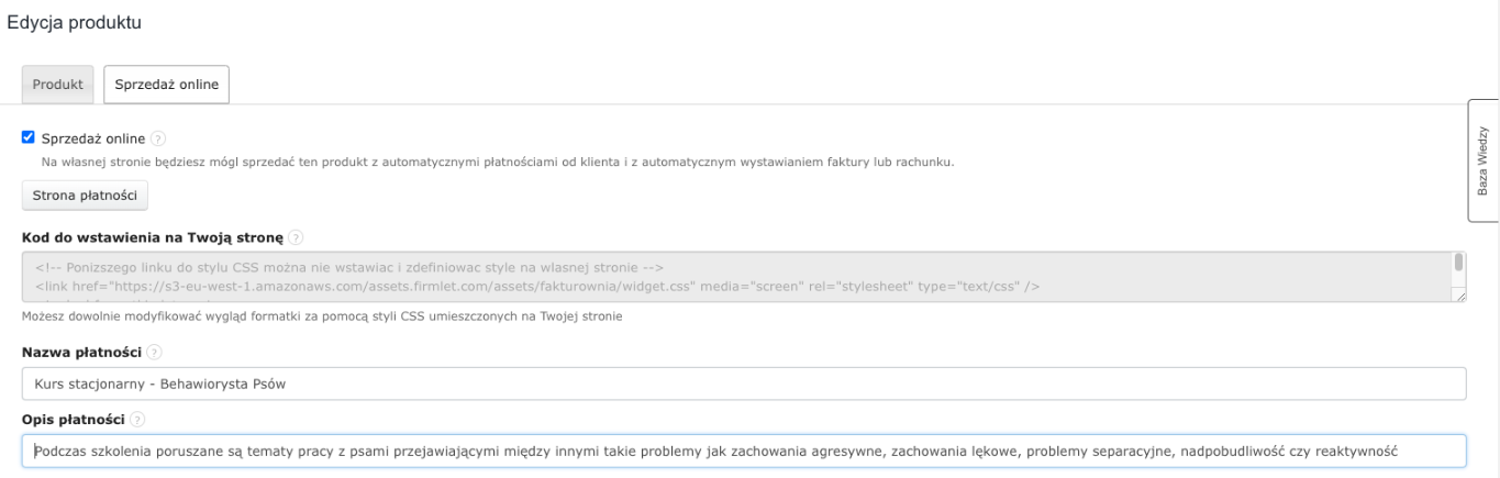 Edycja produktu z jego nazwą i opisem płatności, kod do wstawienia na Twoją stronę i przycisk strona płatności