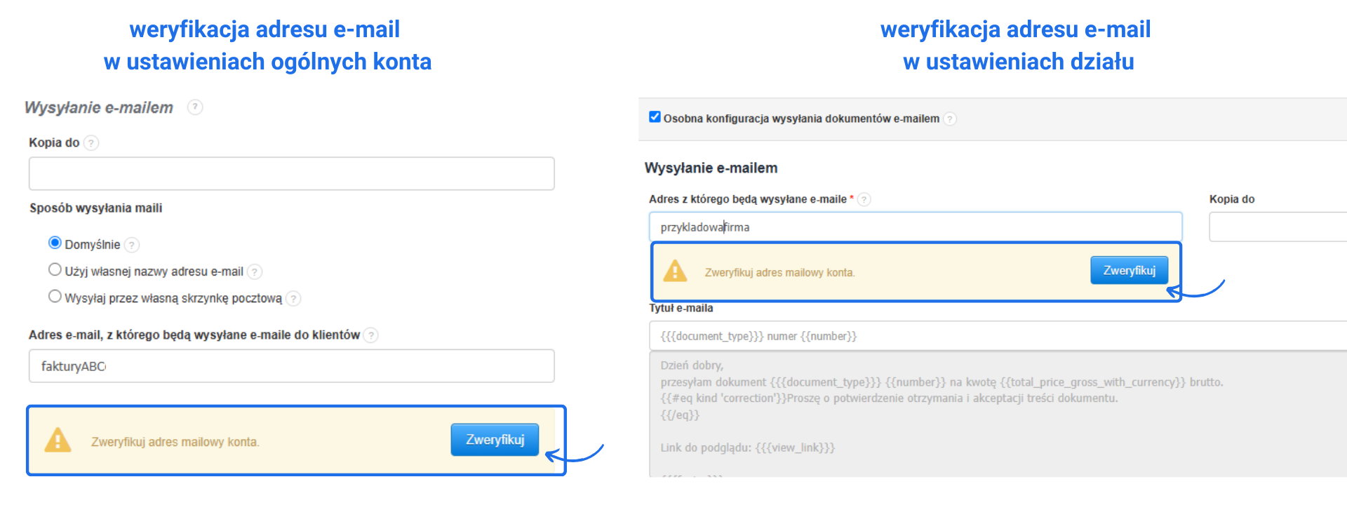 Ustawienia wysyłania e-maili z formularzem do konfiguracji nadawcy i sposobu wysyłki. Widoczny komunikat o konieczności weryfikacji adresu e-mail z przyciskiem ‘Zweryfikuj’.