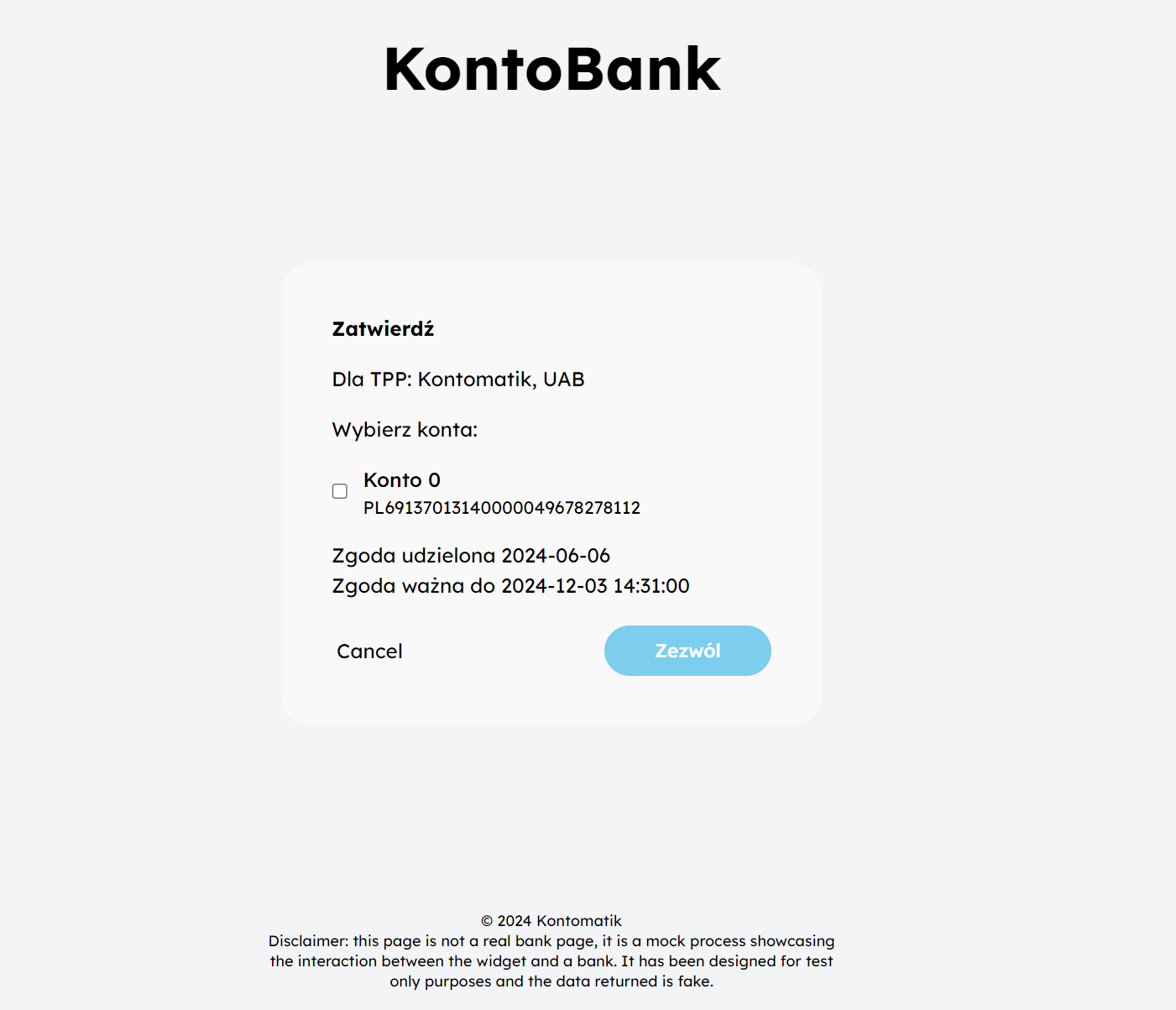 Ekran zatwierdzania dostępu do konta na stronie KontoBank, z wyborem konta, datą zgody i przyciskiem 'Zezwól'.