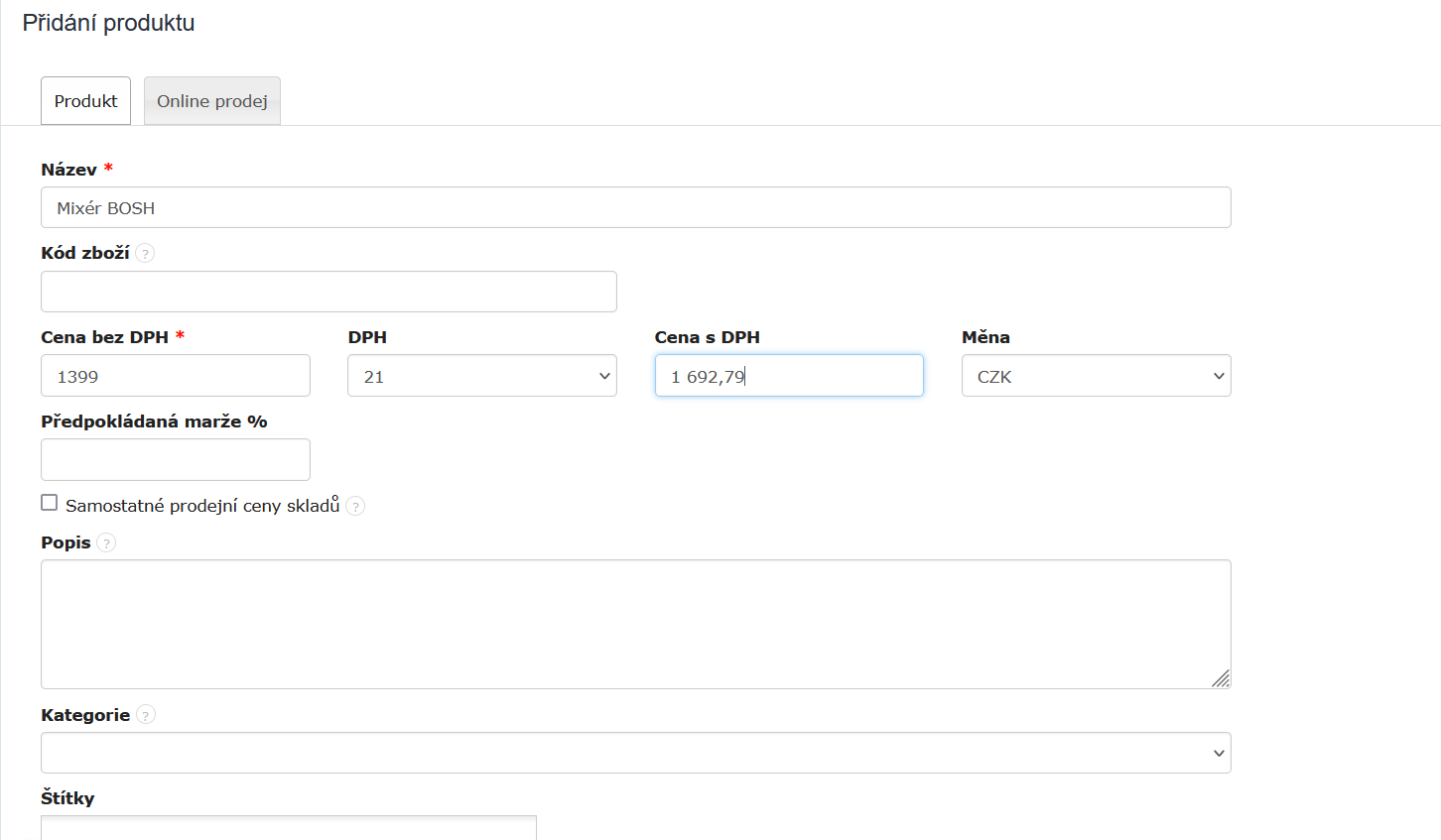 Pridani noveho produktu