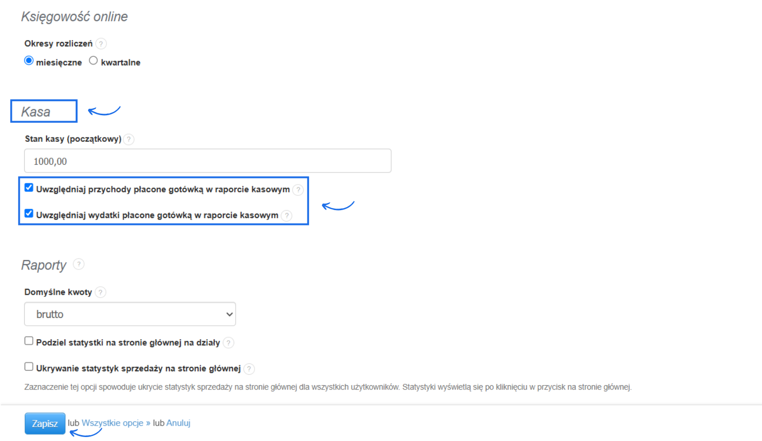 Ustawienia kasy na koncie w Fakturowni z możliwością wskazania początkowego stanu kasy oraz uwzględniania przychodów i wydatków z formą płatności gotówka w raporcie kasowym.