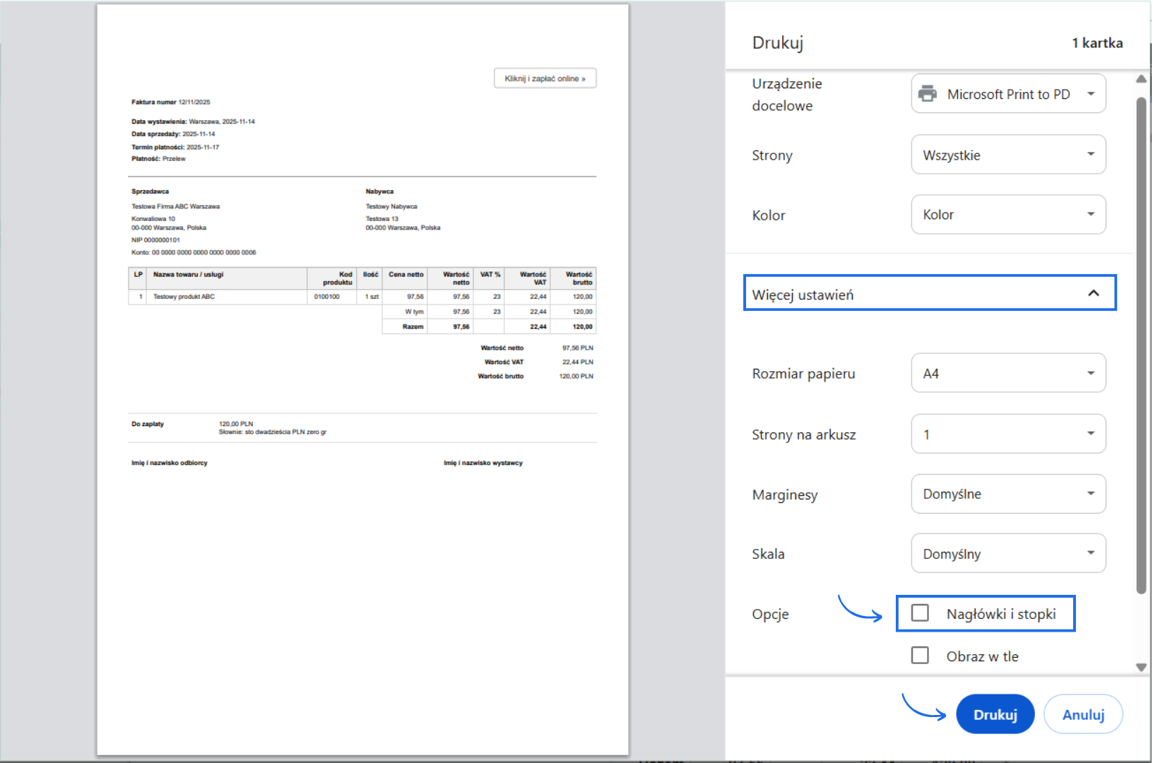 Okno wydruku wywołane za pomocą opcji szybki wydruk w systemie Fakturownia z wyłączoną opcją nagłówki i stopki w ustawieniach wydruku.
