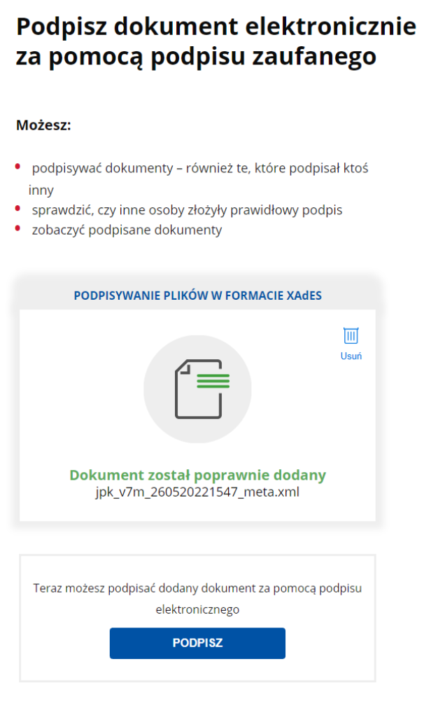 Panel podpisywania dokumentu elektronicznego za pomocą Profilu Zaufanego z komunikatem o poprawnym dodaniu pliku i przyciskiem 'Podpisz'.