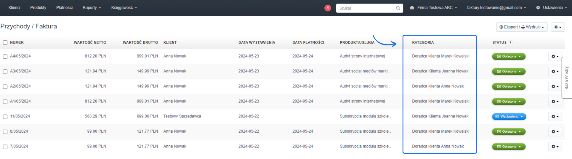 Lista przychodów w Fakturowni z kolumnami takimi jak numer, wartość netto, wartość brutto, klient, data wystawienia, data płatności, produkt/usługa, kategoria, i status.