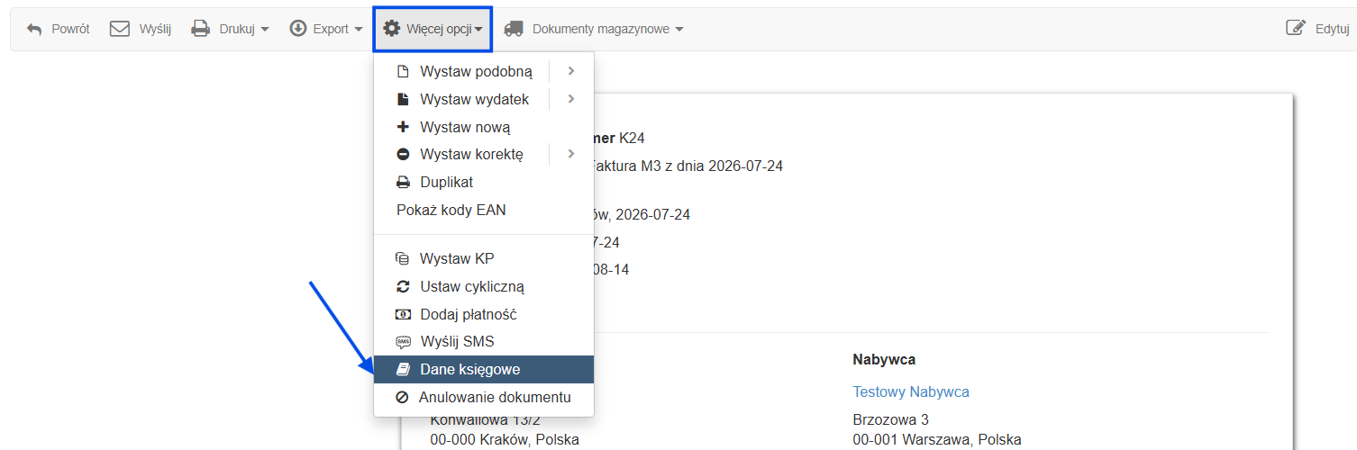 Podgląd faktury korygującej VAT marża z opcja podglądu danych księgowych.