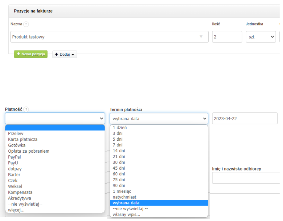 Opcje wyboru metody płatności i terminu płatności na formularzu tworzenia faktury sprzedażowej.