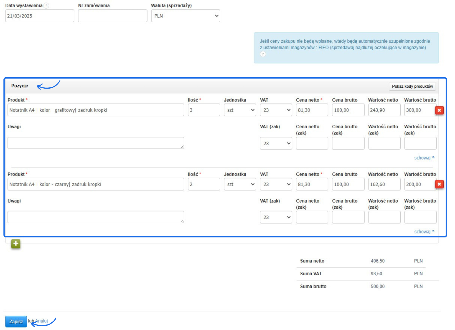 Formularz rezerwacji magazynowej z wypełnionymi pozycjami produktów, ich ilościami, cenami netto i brutto oraz podsumowaniem wartości zamówienia.