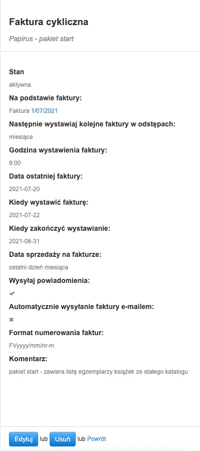 Szczegóły faktury cyklicznej z Papirus, pokazujące status, terminy i opcje wysyłania, w formacie mobilnym.