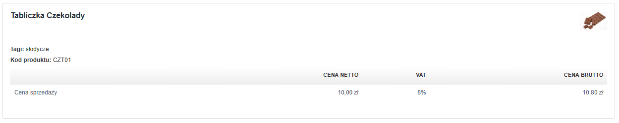 Podgląd produktu Tabliczka Czekolady do faktury z VAT 8% i ceną brutto 10,80 zł.