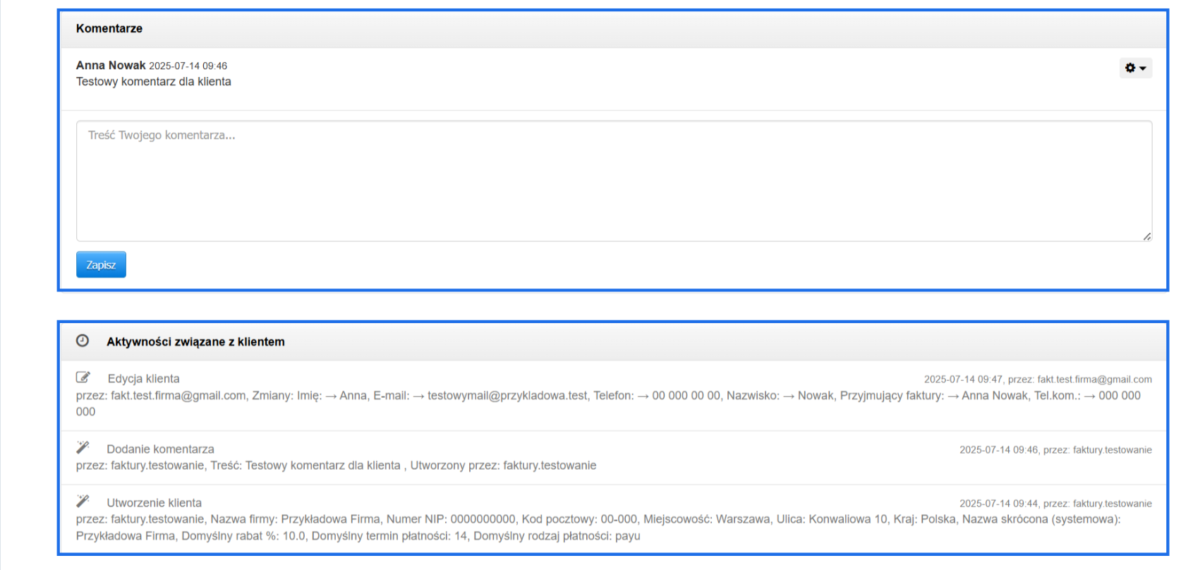 Karta klienta z sekcją komentarzy oraz aktywności związanych z klientem.
