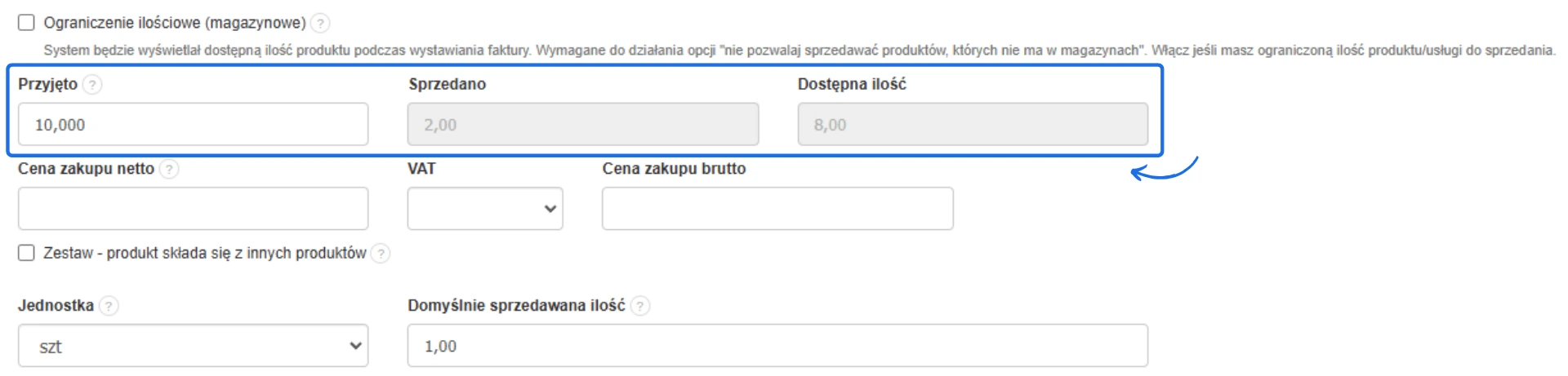 Widok dostępnej ilości produktu po sprzedaży: przyjęto 10 sztuk, sprzedano 2 sztuki, pozostało 8 sztuk.