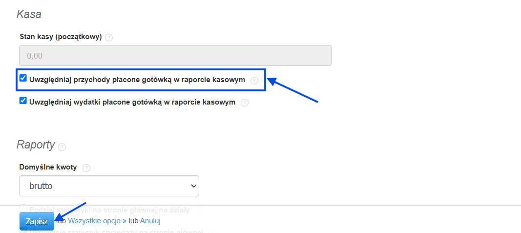 Szczegółowe ustawienia kasy w systemie Fakturownia z aktywną opcją uwzględniania przychodów płaconych gotówką.